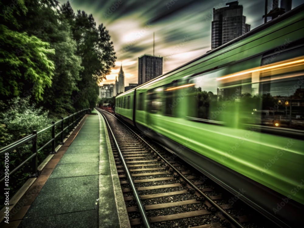 Fototapeta premium Motion Time Lapse of Unmanned Train Journey Through City Landmarks in Silhouette Photography