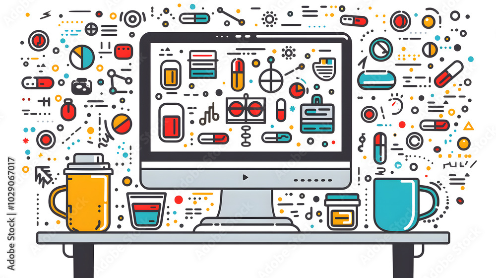 Pharmacist's table surrounded by colorful medicine drugs, vibrant illustration style Pharmacist's table surrounded by colorful medicine drugs, vibrant illustration style