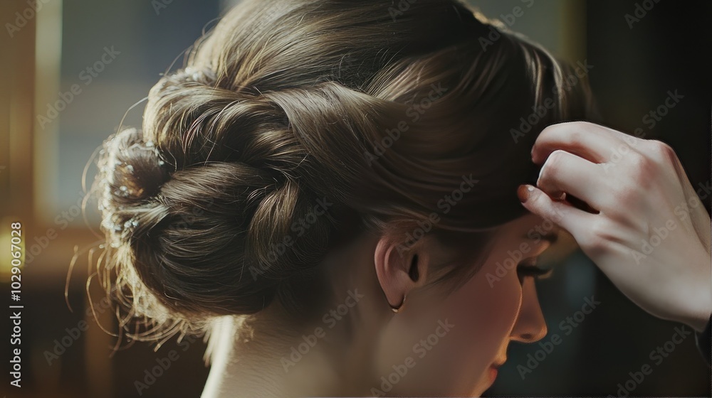 Naklejka premium Hair stylist arranging hair into an elegant updo, highlighting the precision and artistry involved