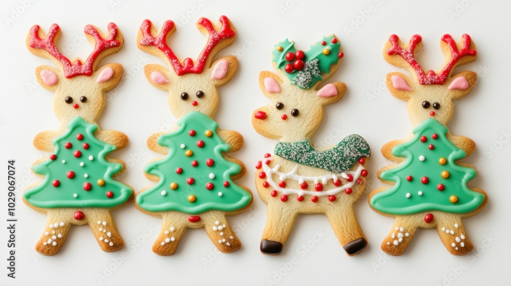 Christmas sugar cookies shaped like reindeer and Christmas trees, decorated with colorful icing, isolated on white background Christmas sugar cookies shaped like reindeer and Christmas trees, decorated with colorful icing, isolated on white background
