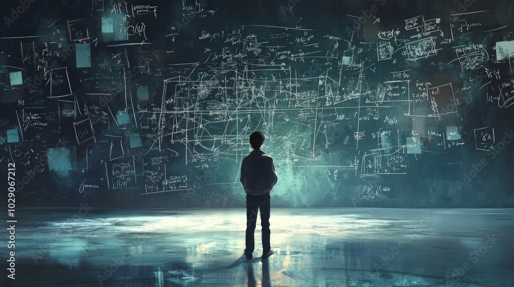 Mathematician Engaged in Problem Solving, A dedicated scholar deep in thought, using a chalkboard filled with complex equations, illustrating the essence of mathematics and critical thinking Mathematician Engaged in Problem Solving, A dedicated scholar deep in thought, using a chalkboard filled with complex equations, illustrating the essence of mathematics and critical thinking