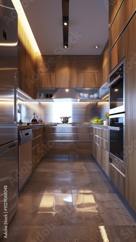 Modern kitchen with stainless steel appliances, 4K hyperrealistic photo