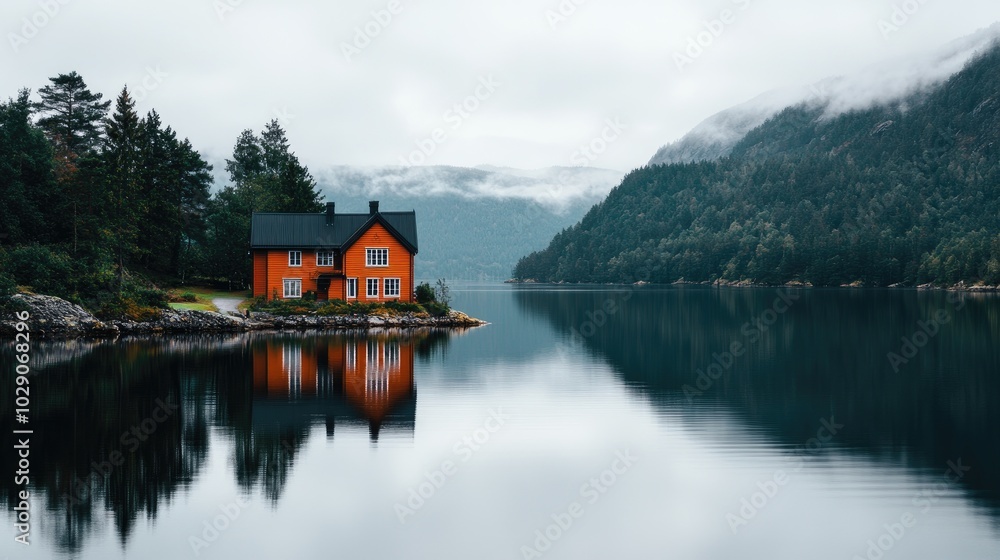 Fototapeta premium A vibrant red house stands peacefully by a calm lake, surrounded by majestic mountains and a dramatic, cloudy sky, capturing Norway's natural beauty and tranquility