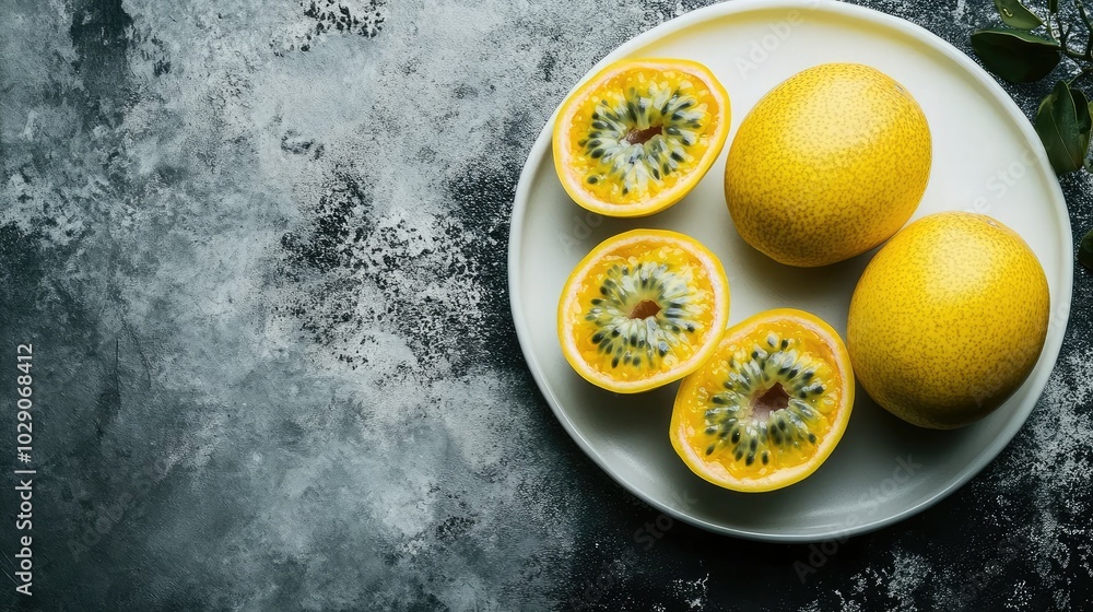High-angle view of yellow passion fruits, whole and sliced, showing off their vibrant pulp and seeds, arranged on a white plate against a rustic backdrop. High-angle view of yellow passion fruits, whole and sliced, showing off their vibrant pulp and seeds, arranged on a white plate against a rustic backdrop.