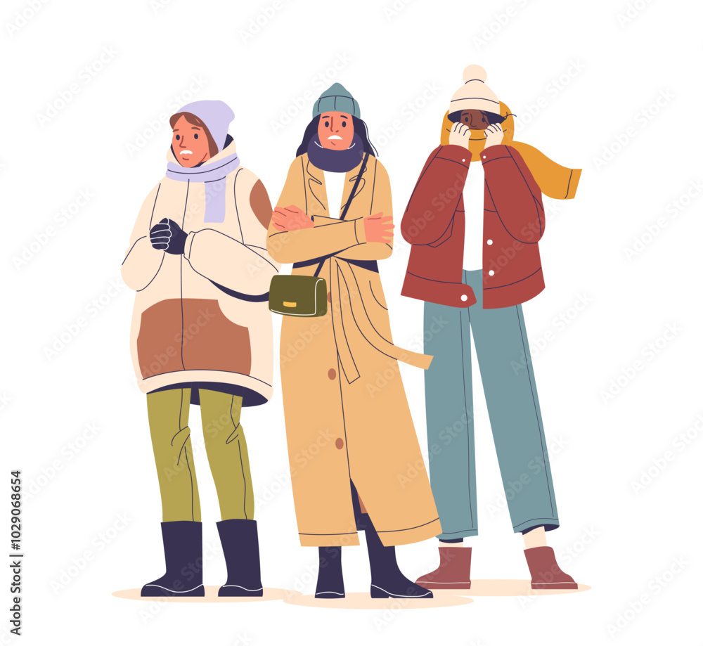 Three People Standing Outside Wearing Winter Outerwear Clearly Feeling Cold And Shivering Of Chilly Winter Day Three People Standing Outside Wearing Winter Outerwear Clearly Feeling Cold And Shivering Of Chilly Winter Day