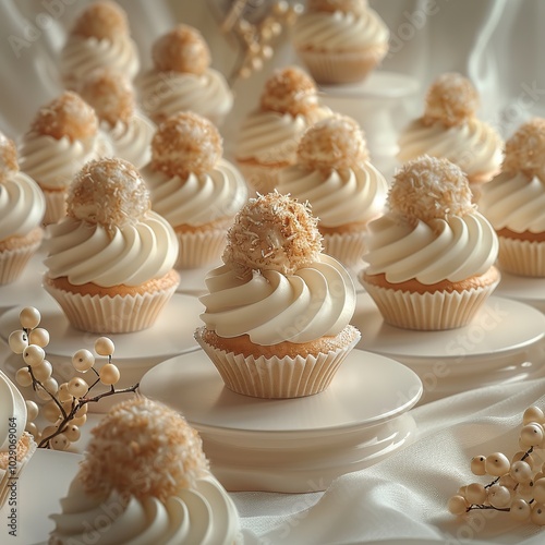 A close-up shot of a table arranged with white cupcakes topped with a coconut ball and white frosting.