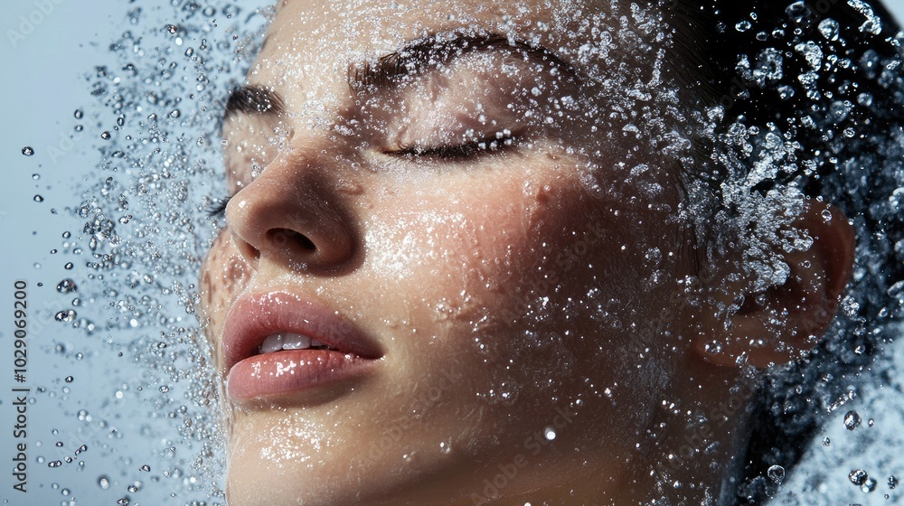 High-speed shot of a model with water droplets, demonstrating the cleansing and refreshing sensation High-speed shot of a model with water droplets, demonstrating the cleansing and refreshing sensation
