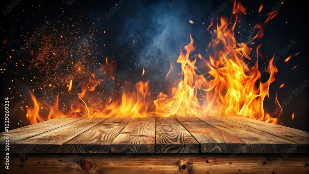 Obraz premium A plain wooden tabletop with a flickering fire along one edge, filled with sparks and smoke, providing a dramatic setting for product visibility.