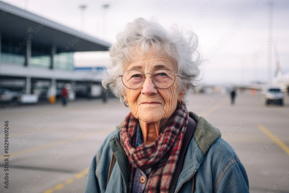 Portrait of a satisfied elderly 100 year old woman wearing a comfy flannel shirt isolated on bustling airport terminal background Portrait of a satisfied elderly 100 year old woman wearing a comfy flannel shirt isolated on bustling airport terminal background