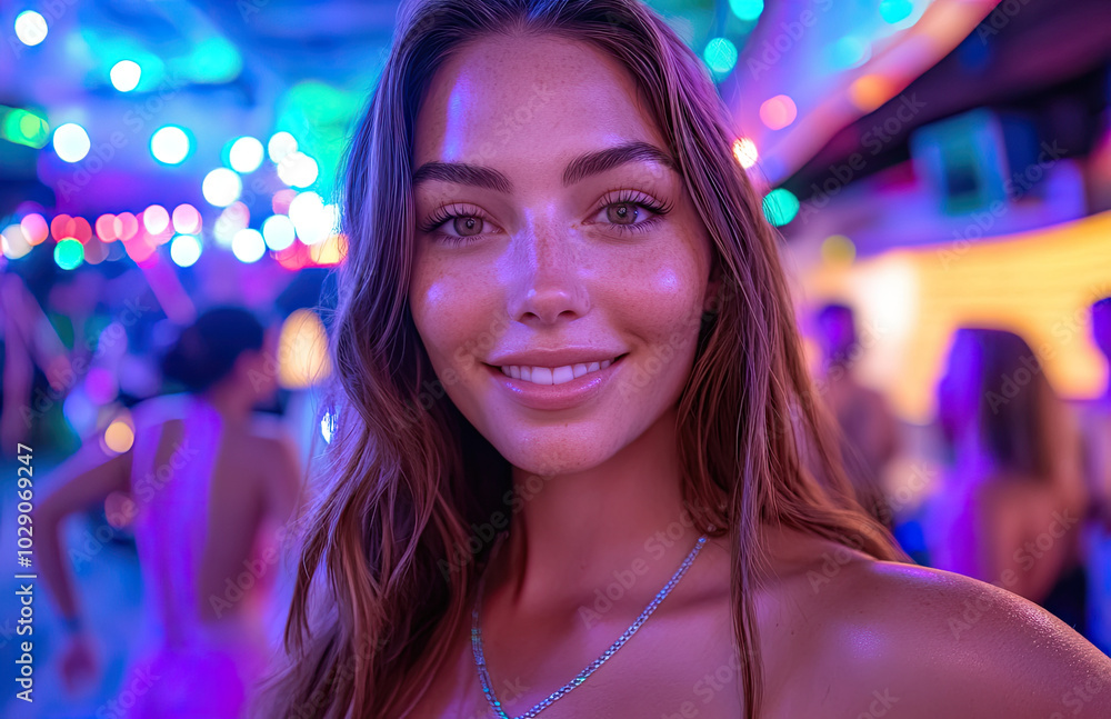 A close-up selfie of an attractive woman in her early thirties, with long hair and light brown eyes, smiling at the camera in front of colorful lights and people dancing inside a nightclub A close-up selfie of an attractive woman in her early thirties, with long hair and light brown eyes, smiling at the camera in front of colorful lights and people dancing inside a nightclub