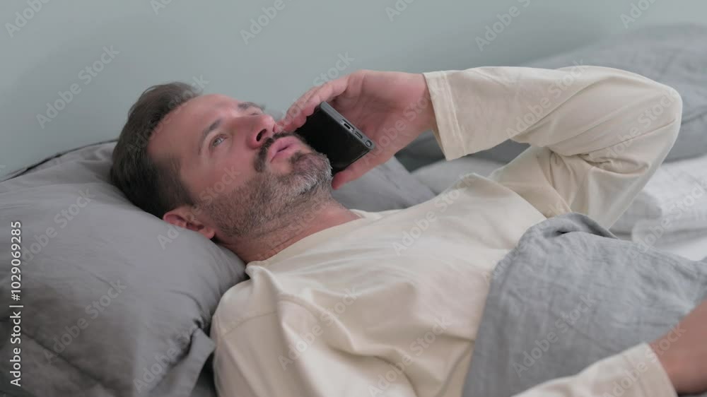 Middle Aged Man Talking on phone while Lying in Bed