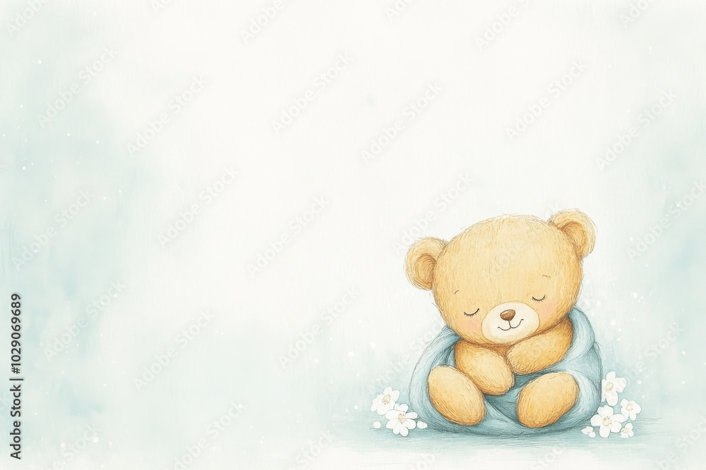 A cute illustration of a sleeping teddy bear wrapped in a blue blanket, resting peacefully. Ideal for children’s books, nursery decor, and bedtime stories. A cute illustration of a sleeping teddy bear wrapped in a blue blanket, resting peacefully. Ideal for children’s books, nursery decor, and bedtime stories.
