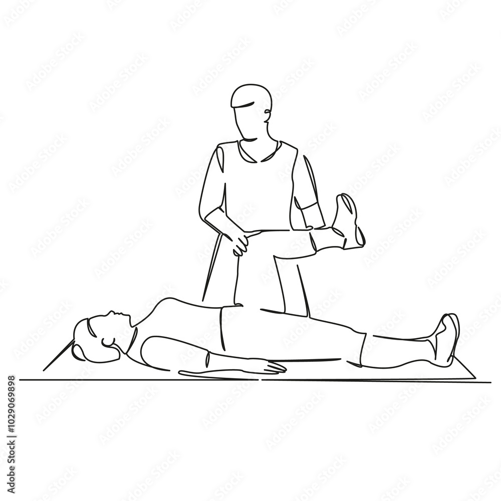 One continuous single drawing line art flat doodle physical therapist, patient, care, doctor, leg, person, woman, osteopath, pain, recovery. Isolated image hand draw contour on a white background