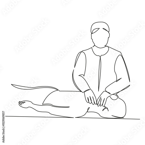 One continuous single drawing line art flat doodle physical therapist, neck, patient, osteopath, physical therapy, doctor, medicine, pain, chiropractor, woman. Isolated image hand draw contour on a wh