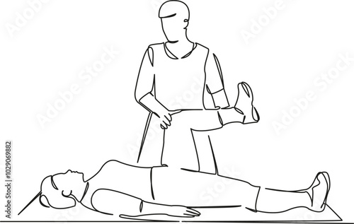 One continuous single drawing line art flat doodle physical therapist, patient, care, doctor, leg, person, woman, osteopath, pain, recovery. Isolated image hand draw contour on a white background
