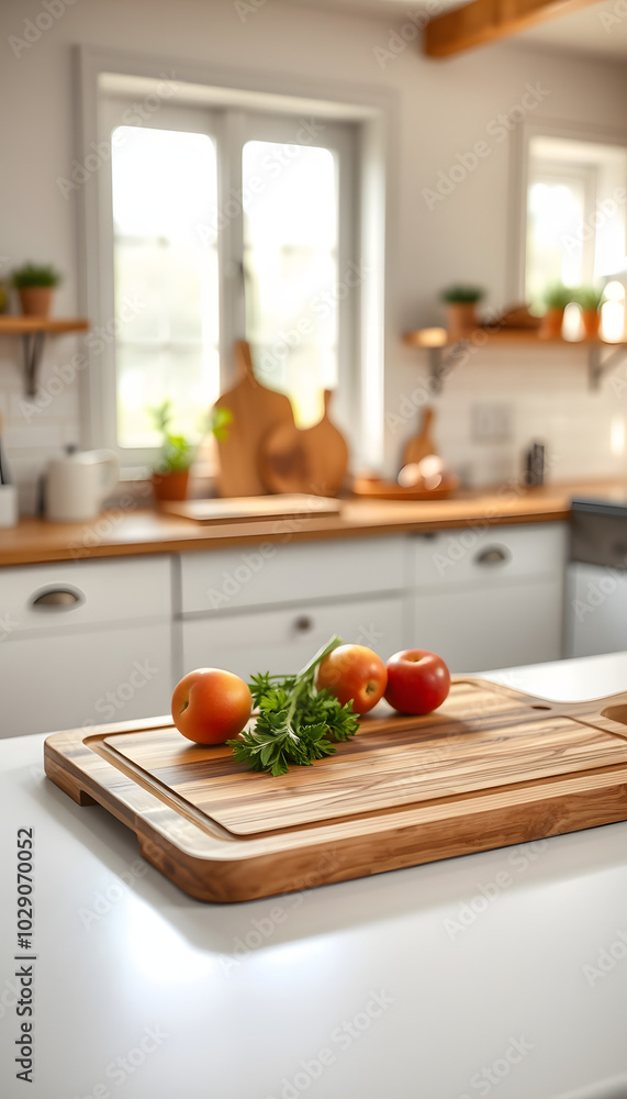 Wooden cutting board on white table with blurred bright kitchen interior with natural window light background. Empty copy space for products isolated with white highlights, png Wooden cutting board on white table with blurred bright kitchen interior with natural window light background. Empty copy space for products isolated with white highlights, png