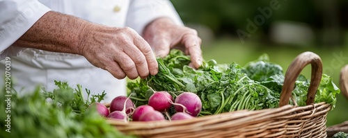 Chef preparing a dish with organic vegetables from a sustainable farm, wholesome, natural, photo