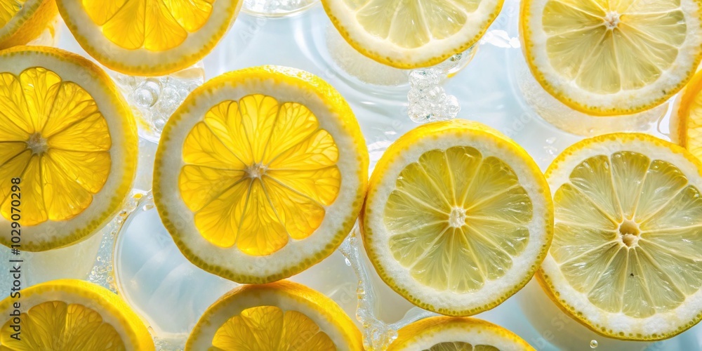 Fresh Lemon Slices in Shallow Water – Minimalist Summer Product Photography Background with Copy Space for Branding and Advertising Needs Fresh Lemon Slices in Shallow Water – Minimalist Summer Product Photography Background with Copy Space for Branding and Advertising Needs