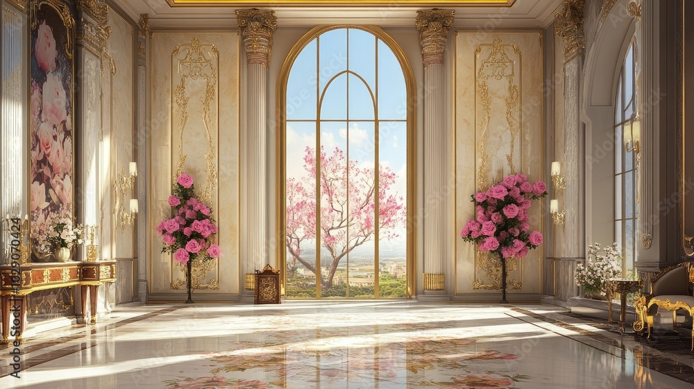 Luxurious hall interior with opulent gold accents, tall windows, and walls featuring hand-painted murals of blooming pink roses Luxurious hall interior with opulent gold accents, tall windows, and walls featuring hand-painted murals of blooming pink roses