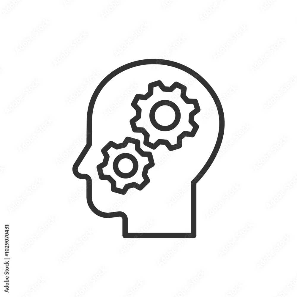 Head cogs, in line design. Head cogs, gears, mechanism, brain, thinking, productivity, strategy on white background vector. Head cogs editable stroke icon Head cogs, in line design. Head cogs, gears, mechanism, brain, thinking, productivity, strategy on white background vector. Head cogs editable stroke icon