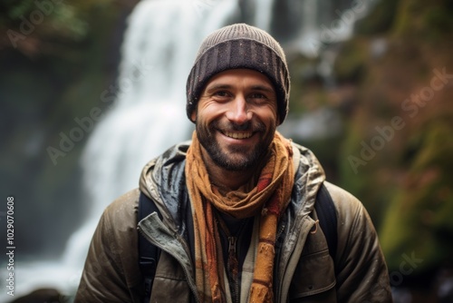 Portrait of a grinning man in his 30s donning a warm wool beanie isolated on backdrop of a spectacular waterfall