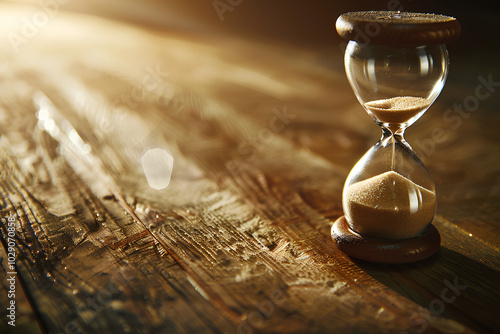 A close-up of an hourglass with sand flowing, symbolizing the passage of time on wooden table, concept photograph suitable for web banner design, with copy space, perfect for themes like family love photo