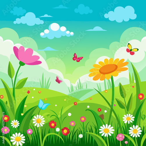 Beautiful panoramic view with spring flowers meadow and shining sun. Rural summer concept.
