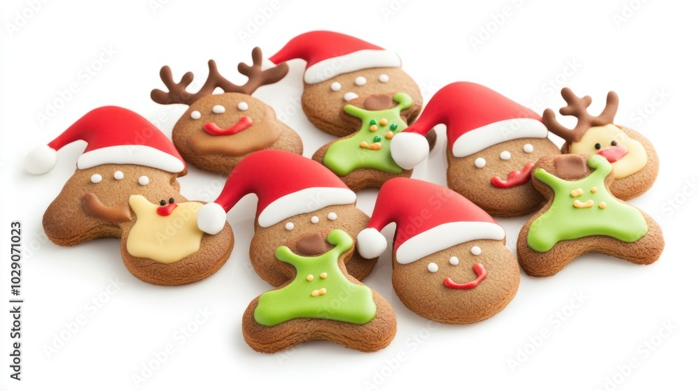 Naklejka premium Festive Christmas cookies shaped like Santa hats and reindeer, decorated with colorful icing, isolated on white background