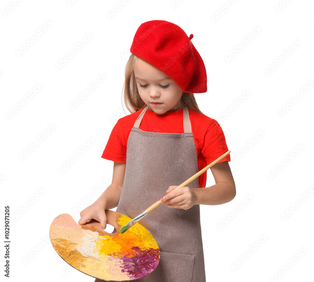 Little girl with brush and palette pretending to be artist on white background. Dreaming of future profession Little girl with brush and palette pretending to be artist on white background. Dreaming of future profession