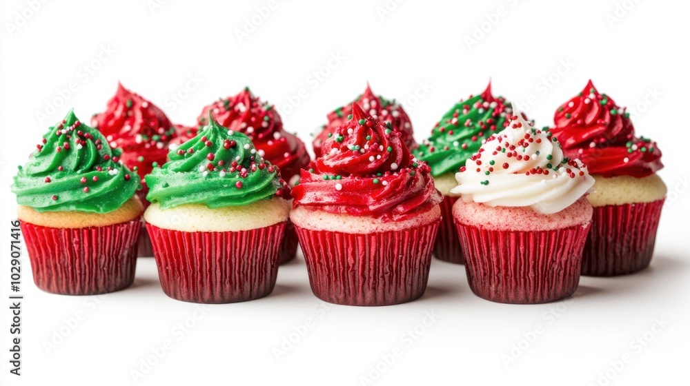 Festive Christmas cupcakes with red and green frosting, topped with holiday sprinkles, isolated on white background Festive Christmas cupcakes with red and green frosting, topped with holiday sprinkles, isolated on white background