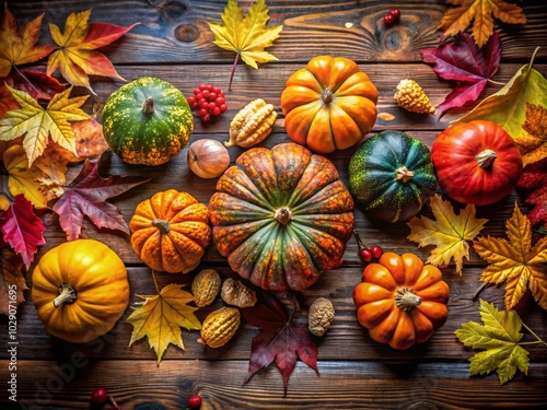 Natural Style Autumn Decoration Flat Lay with Pumpkins and Leaves for Thanksgiving Season