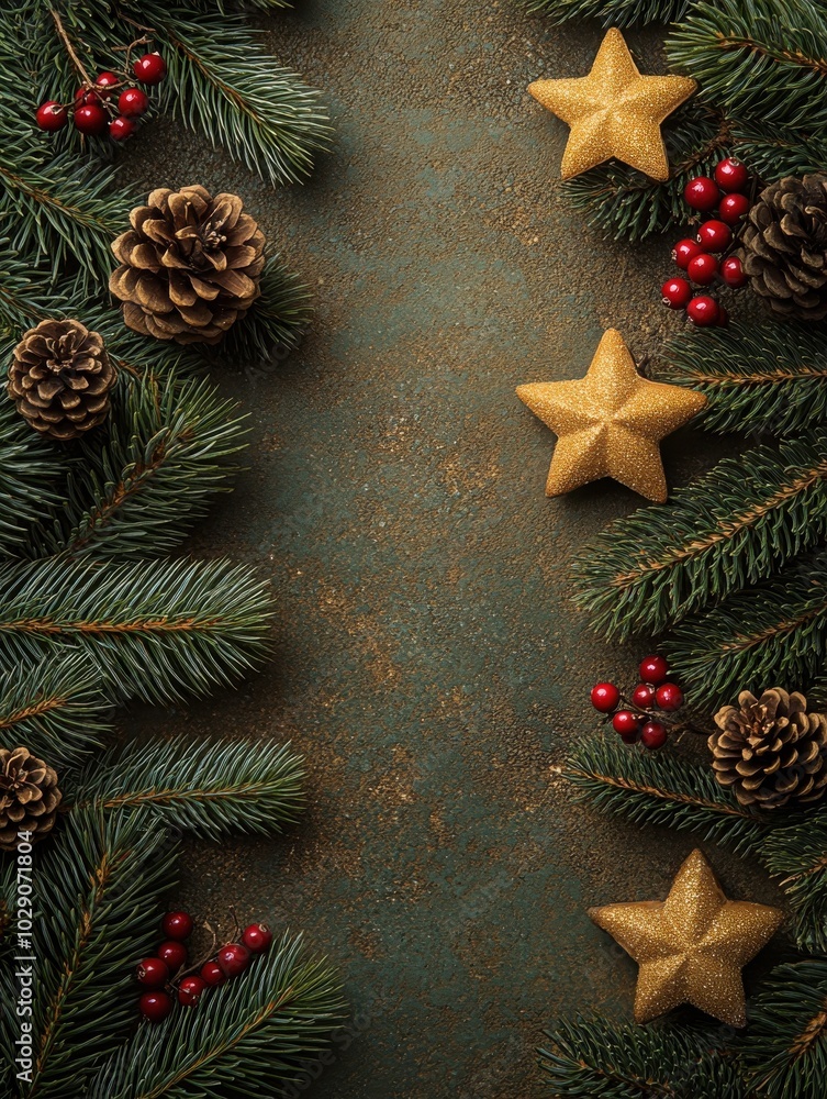 Festive Holiday Background with Pine Branches, Cones, Stars, and Berries Perfect for Christmas Cards or Seasonal Design Projects Festive Holiday Background with Pine Branches, Cones, Stars, and Berries Perfect for Christmas Cards or Seasonal Design Projects
