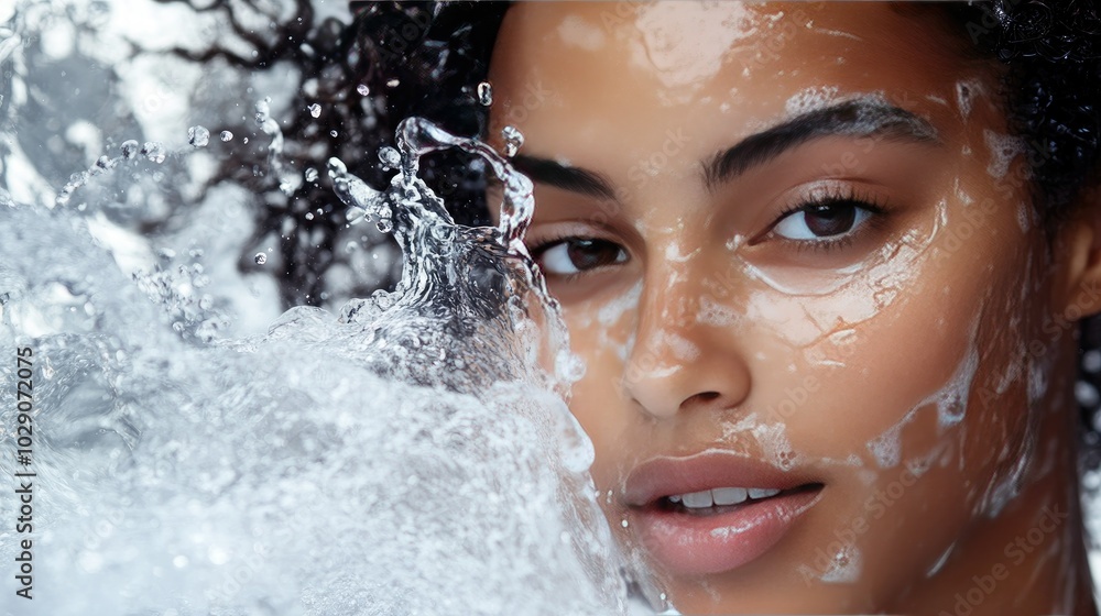 Model splashing water onto their face in a dynamic shot, illustrating the refreshing and rejuvenating effect of a facial cleanser Model splashing water onto their face in a dynamic shot, illustrating the refreshing and rejuvenating effect of a facial cleanser