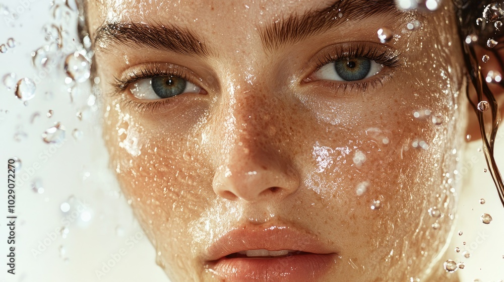 Model face surrounded by water droplets, highlighting the revitalizing impact of a facial cleanser Model face surrounded by water droplets, highlighting the revitalizing impact of a facial cleanser