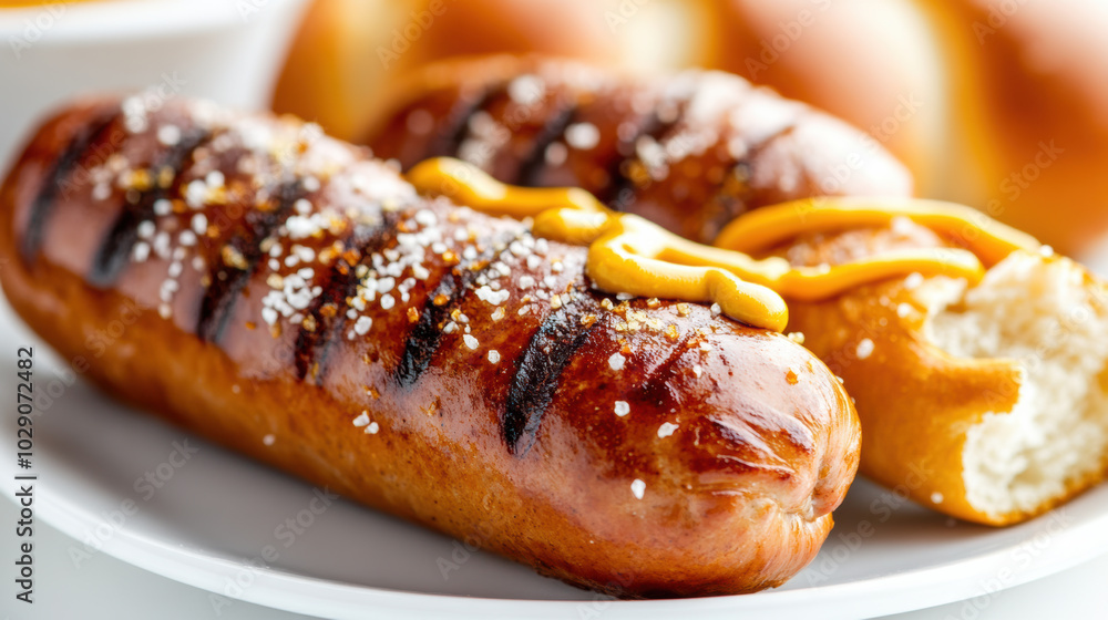 Perfectly grilled bratwurst served with mustard on plate, showcasing delicious and appetizing meal. golden brown sausage is complemented by soft bun, creating delightful culinary experience Perfectly grilled bratwurst served with mustard on plate, showcasing delicious and appetizing meal. golden brown sausage is complemented by soft bun, creating delightful culinary experience