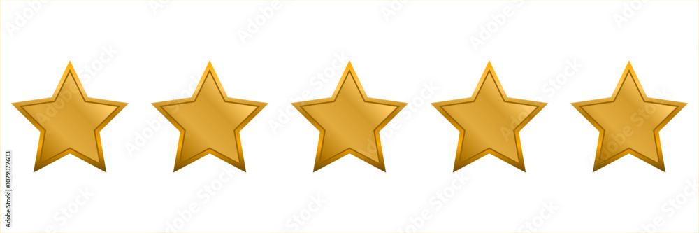 Five yellow stars isolated on white background. Customer feedback concept. Product rating by setting golden stars. Quality symbol. Five yellow stars isolated on white background. Customer feedback concept. Product rating by setting golden stars. Quality symbol.