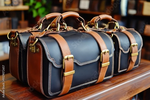 A rustic collection of handcrafted leather satchels, with brass buckles and rawhide straps, displayed in an artisanal shop, emphasizing durability and craftsmanship photo