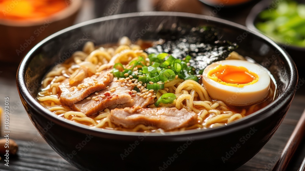 Steaming Bowl of Ramen Noodles with Pork, Egg, and Green Onions Steaming Bowl of Ramen Noodles with Pork, Egg, and Green Onions