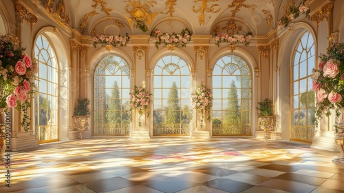 Opulent palace hall with hand-painted walls adorned with pink roses and flowers, floor-to-ceiling windows, and golden furnishings