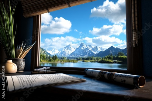 A scholar's desk filled with scrolls and bamboo brushes, set beside a window with views of mountains and rivers, representing the quiet contemplation and wisdom that inspire Eastern poetry photo