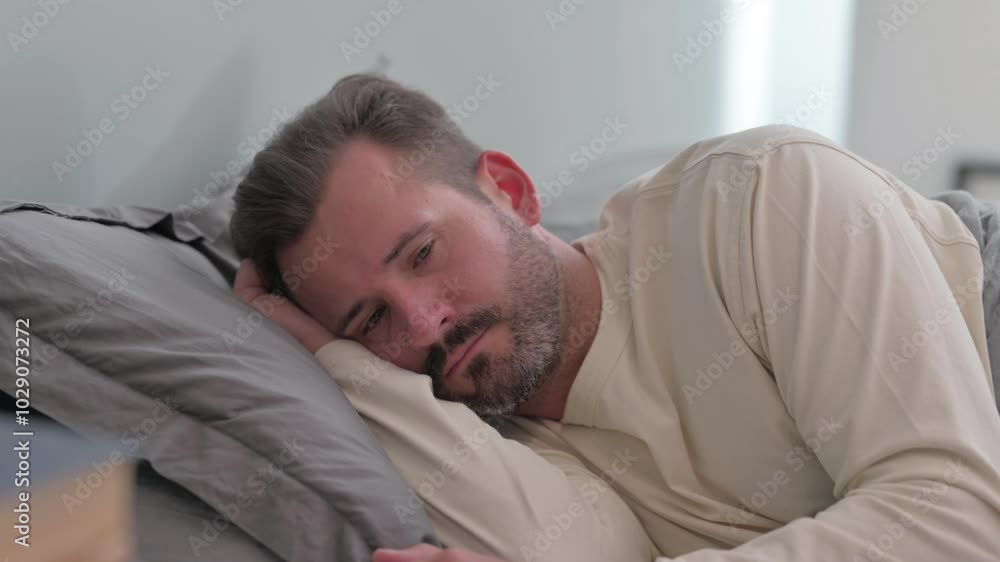 Pensive Middle Aged Man Lying on Side in Bed Pensive Middle Aged Man Lying on Side in Bed