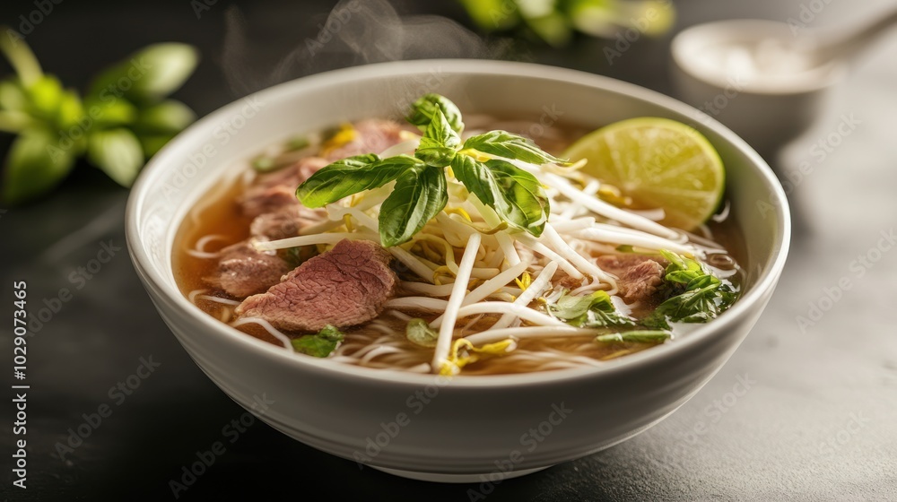 Steaming Bowl of Pho with Beef, Basil, and Bean Sprouts Steaming Bowl of Pho with Beef, Basil, and Bean Sprouts
