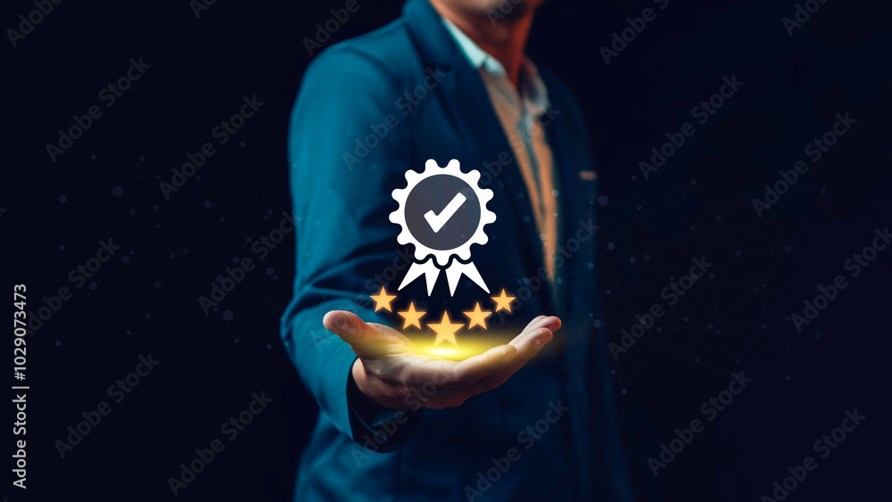 Guarantee product and ISO service concept. Businessman holding and showing the best quality assurance with golden five stars for service.