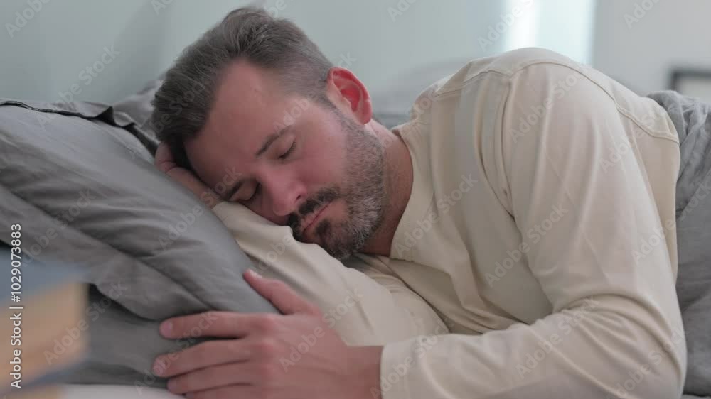 Tired Middle Aged Man Sleeping while Lying on Side in Bed Tired Middle Aged Man Sleeping while Lying on Side in Bed