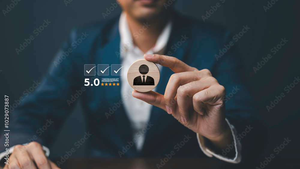 concept of customer satisfaction best employee icon And five stars are ready. Best business rating experience in customer service. Satisfaction poll