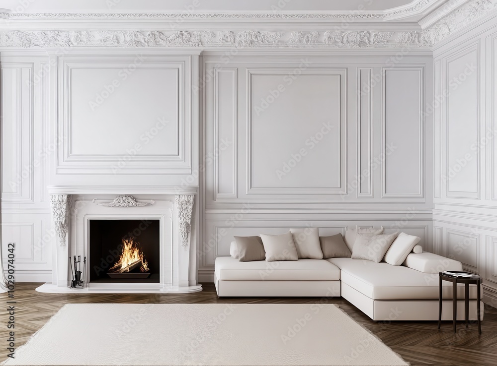 A bright, minimalist living room with white walls, a fireplace, and a white sectional sofa. A bright, minimalist living room with white walls, a fireplace, and a white sectional sofa.