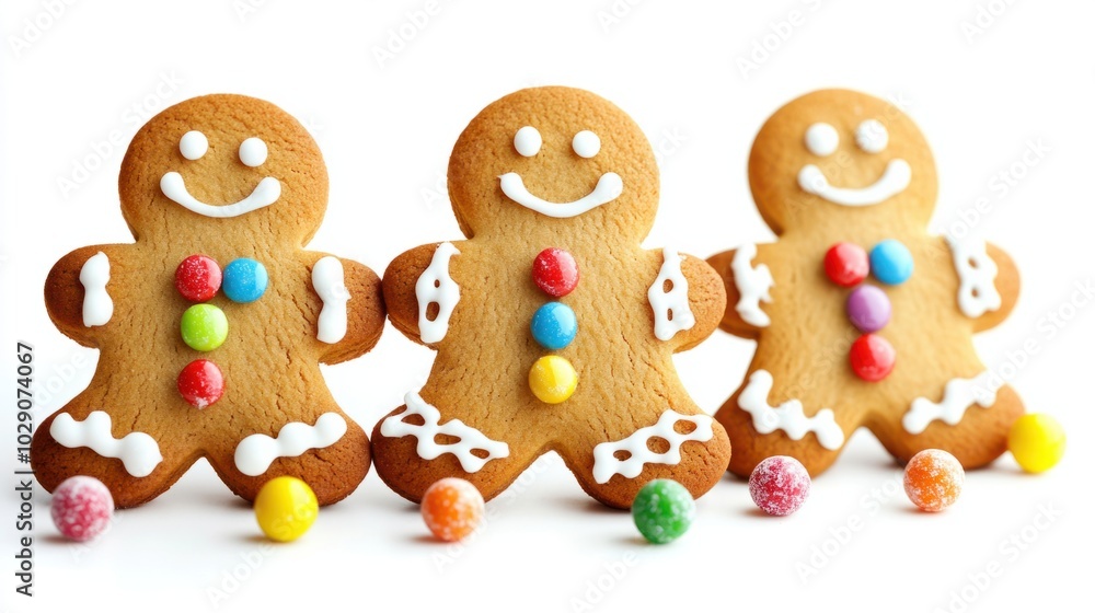 Gingerbread man cookies decorated with icing and candy buttons, isolated on white background, festive and fun Gingerbread man cookies decorated with icing and candy buttons, isolated on white background, festive and fun