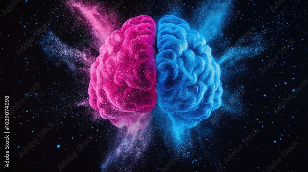 Powder explosion forming the outline of a brain, with intense blue and pink hues, set against a deep black background for dramatic contrast. Powder explosion forming the outline of a brain, with intense blue and pink hues, set against a deep black background for dramatic contrast.