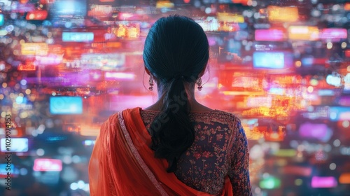 Rear view of an Indian woman engaging with virtual content streams in a dynamic and colorful digital interface