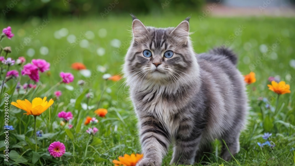 Fototapeta premium Blue siberian cat in flower field